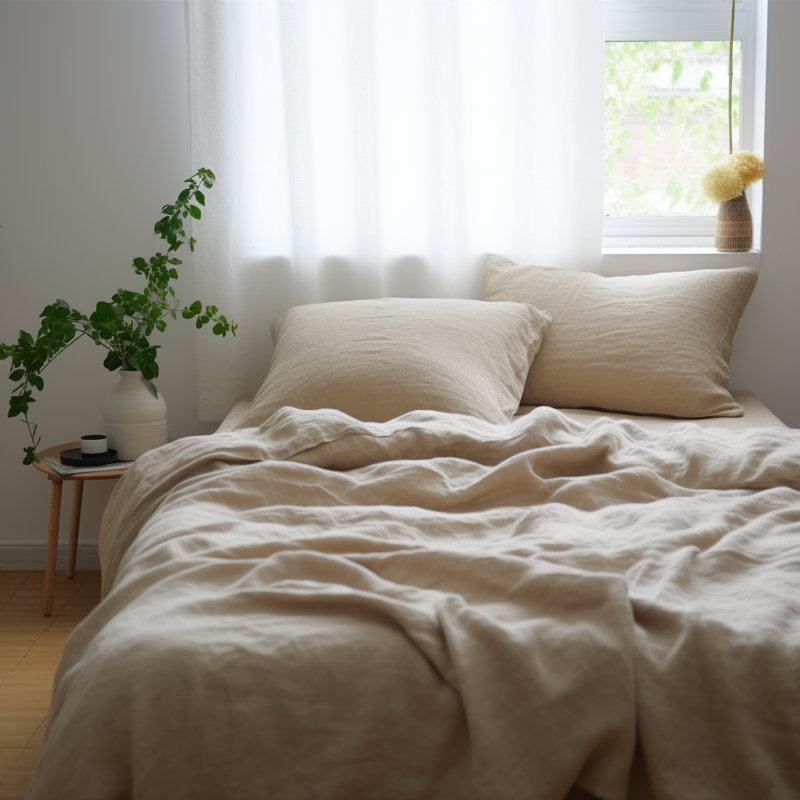 Ensemble de draps 100% lin français 4 pièces, Beige, Ensemble de draps pour très grand lit avec 2 taie