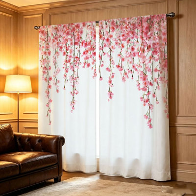2 pièces de rideaux fleur de cerisier, tissu filtrant la lumière, motif floral en cascade, protection solaire et protection de la vie privée, conception à passe-tringle, convenant au salon, à la chambre à coucher, au balcon et à la cuisine
