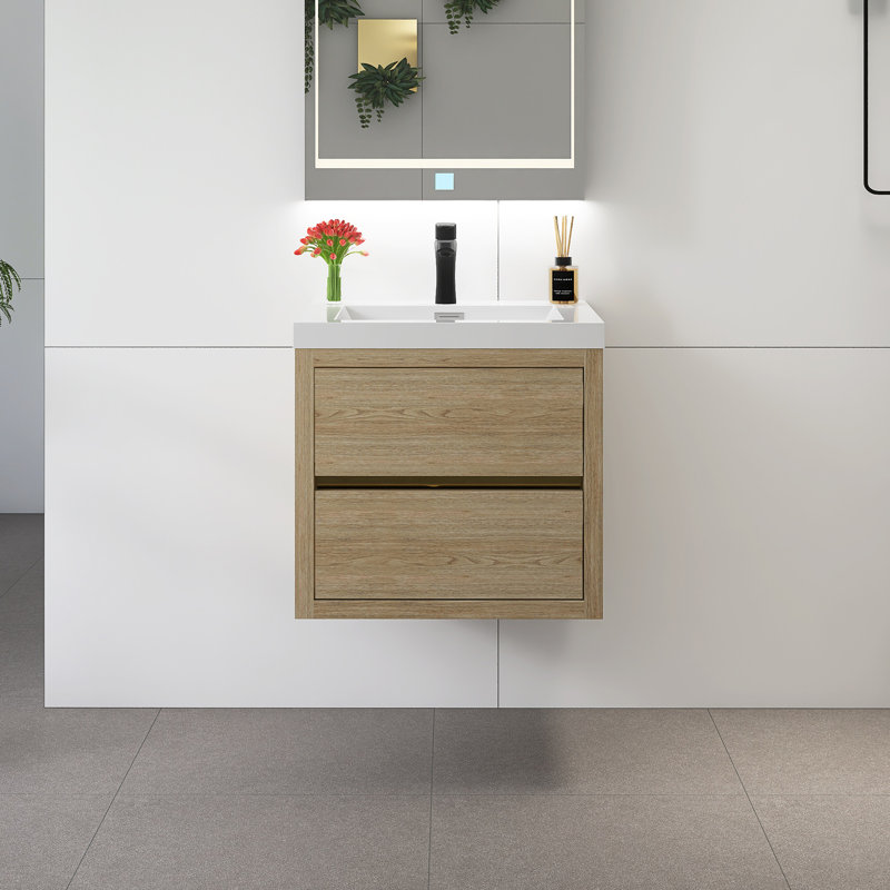 24" Wall-Mounted Bathroom Vanity With Sink, Oak Natural Wood