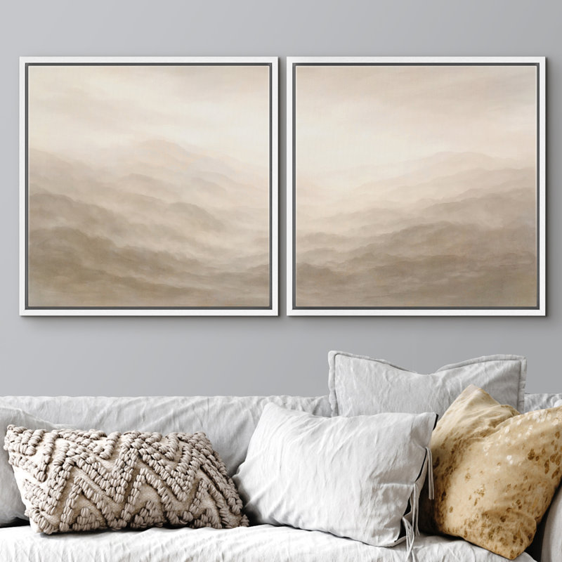 Doux neutre brumeux, crête de montagne superposée abstraite encadrée, œuvre d'art de la chambre principale 2 pièces