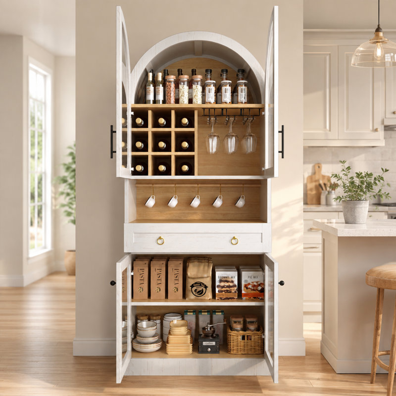 Meuble-bar arqué de 70 pouces avec casier à vin, porte-verres et tablette ajustable, White