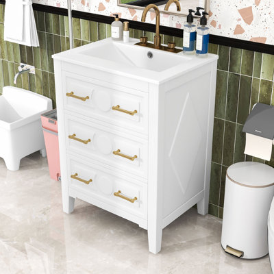 Élégant meuble-lavabo peu encombrant avec lavabo en céramique et 3 tiroirs de rangement dissimulés