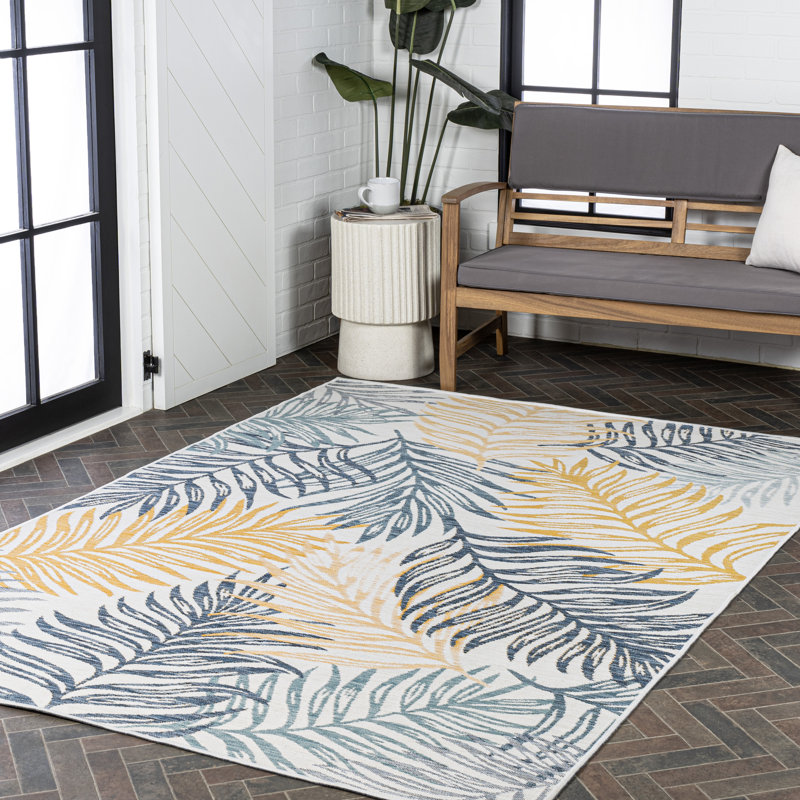 Gryta Coastal Casual Palm Frond Reversible Machine-Washable Cream/Navy Indoor/Outdoor Rug, Rectangle 3'11" x 6'