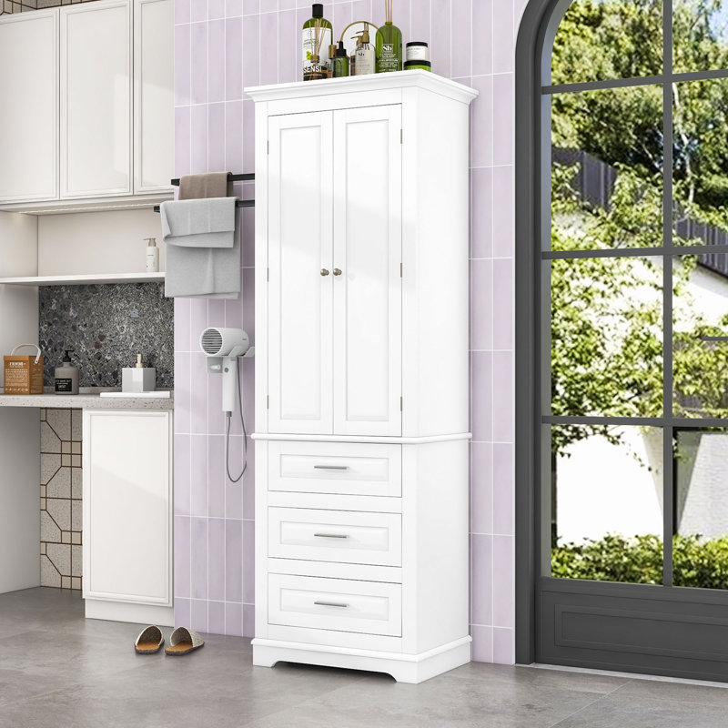 Grande armoire de rangement avec tablettes réglables, 3 tiroirs et conception anti-basculement, Blanc