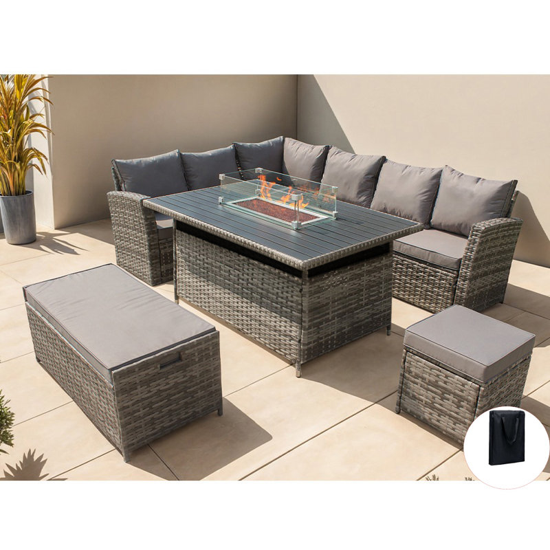 Werchter 9 Seater Corner Sofa Set with Fire-Pit Dining Table with Storage Box & Rain Cover, Grey