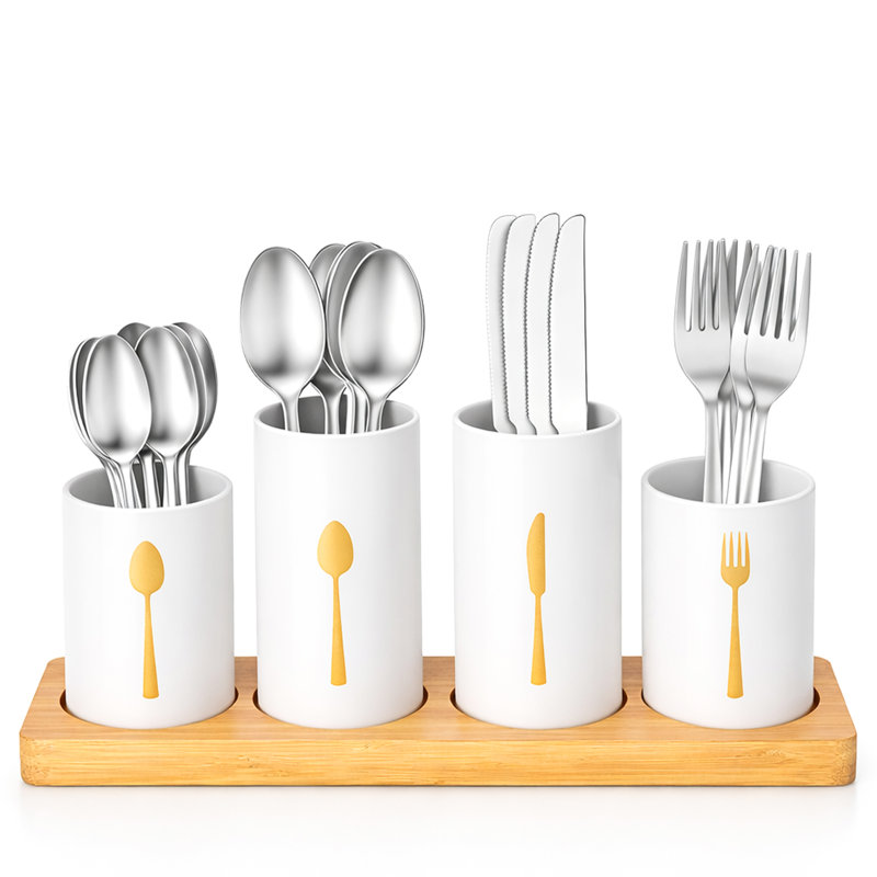 Metal Round Utensil Storage Set, White