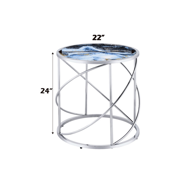 Table de bout en marbre bleu de 22 po de largeur avec ornement décoratif en verre lisse et métal