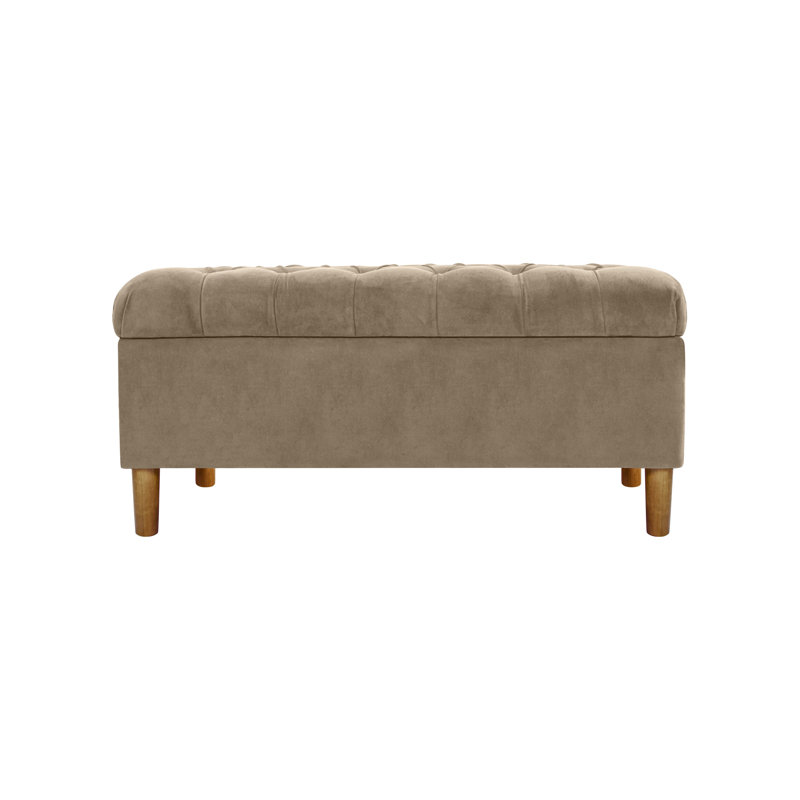 Fawn Velvet Tufted Storage Bench with Honey Oak Legs