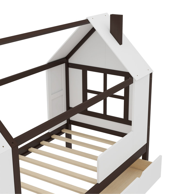Lit plateforme simple avec tiroirs, lit maison en bois massif avec tablettes, conception enfantine, blanc et espresso