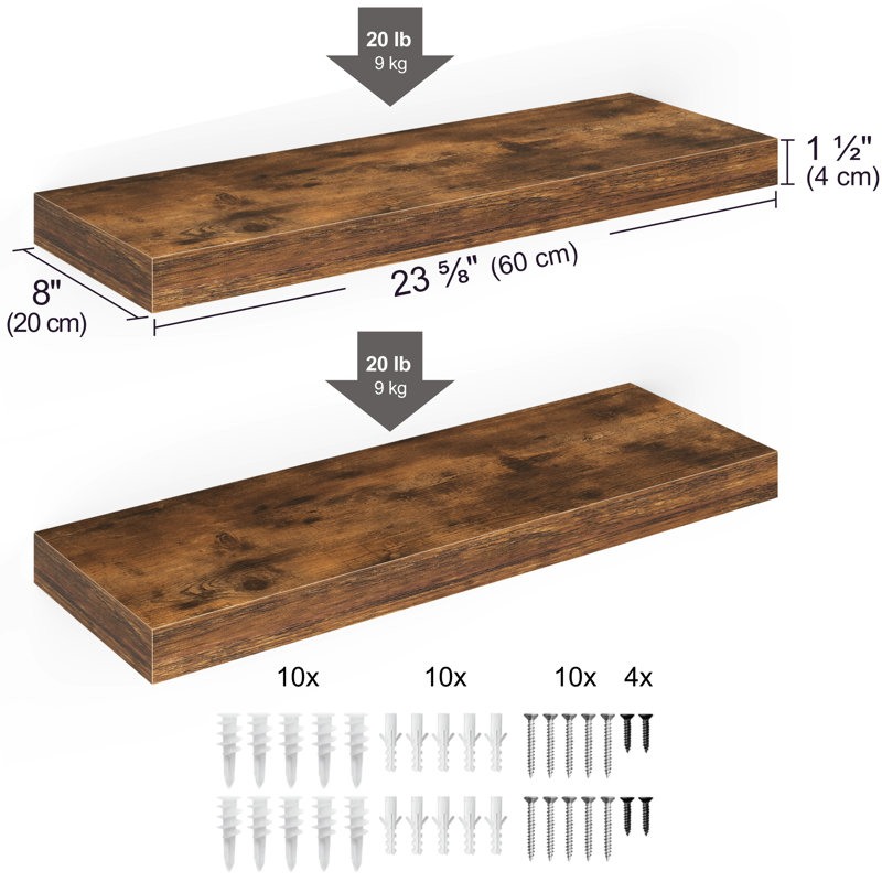 Miami 24" W x 8" D Floating Shelves Set with Invisible Wall Mount Brackets, Brown