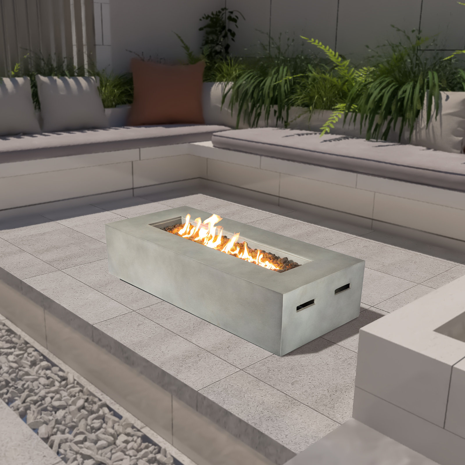 Rashid Rectangle Fire Pit Table, Natural Concrete, 15" H x 56" W x 24" D