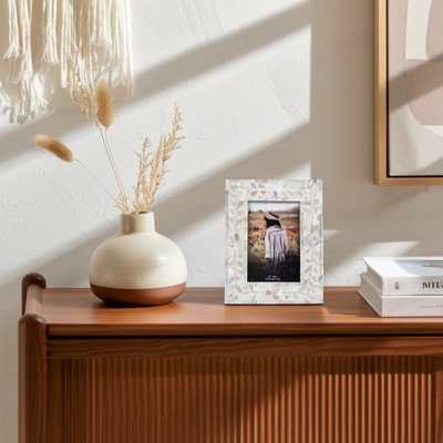 Elegant Rectangular Picture Frame with Flower and Vine Border - Decorative Photo Frame for Entryway Tabletop Display - Ivory & Tan