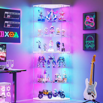 Vitrine d'angle moderne en verre avec éclairage RVB contrôlé par l'application - Grande armoire vitrée à DEL pour objets de collection et sacs à main
