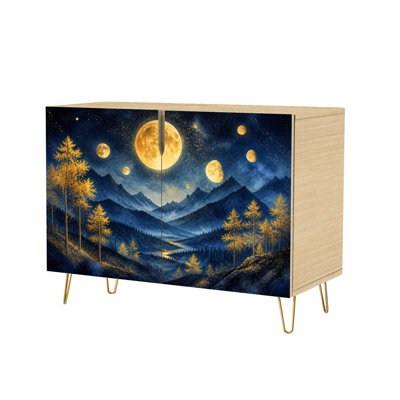 Buffet avec rangement dissimulé, 2 portes, motif montagne, vallée, pleine lune, forêt nocturne. Mobilier multifonctionnel pour salon, cuisine ou coin café.