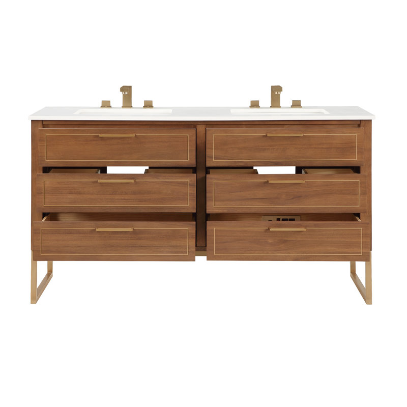 Markham 60 in. Double Vanity, White Quartz, Walnut, Satin Brass