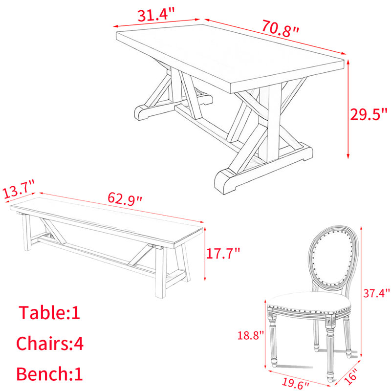 Ensemble de table de salle à manger rectangulaire de style américain, H 29,5 po x L 70,8 po x l 31,4 po