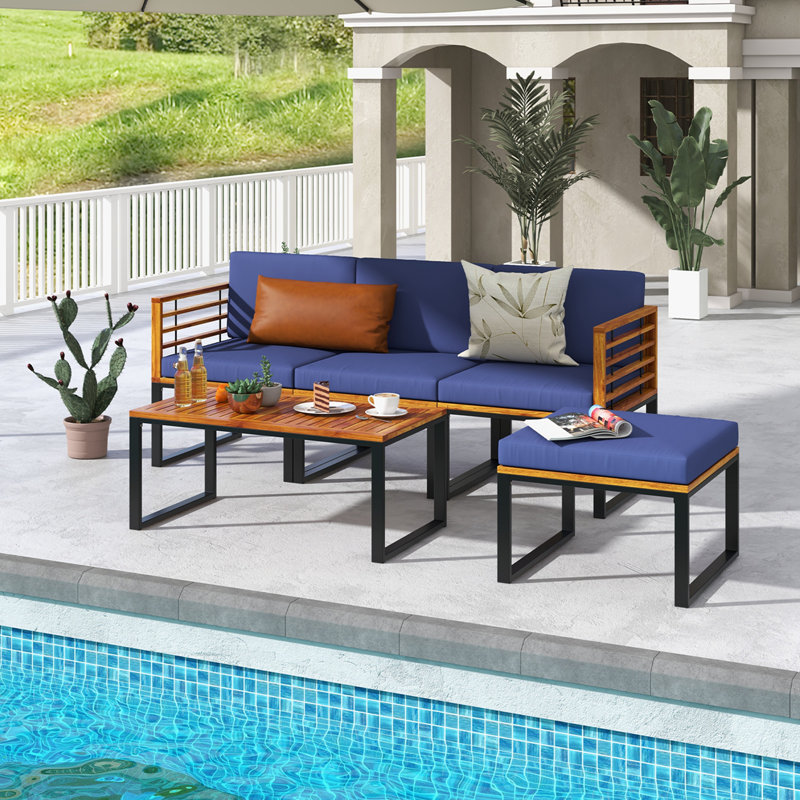 Ensemble de conversation pour patio pour 4 personnes en bois d'acacia avec coussins