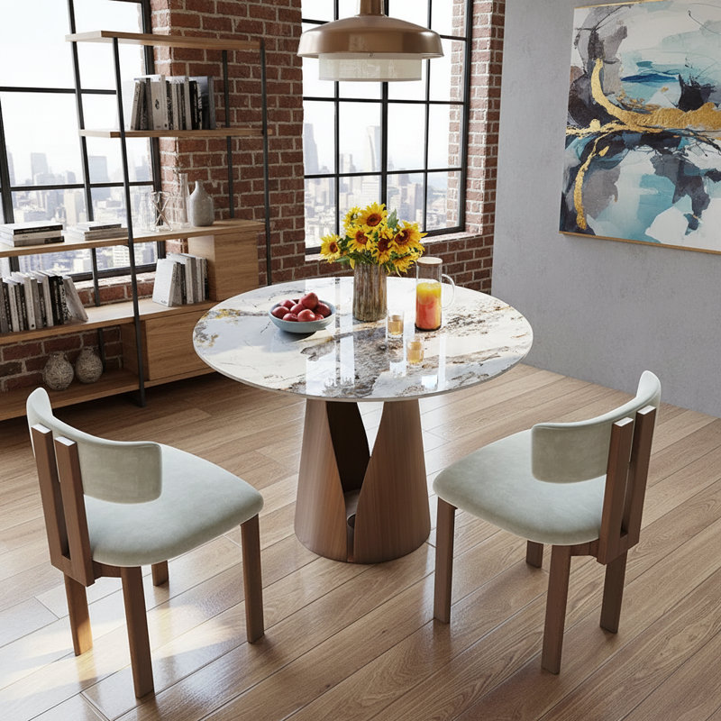 Table de petit déjeuner moderne de 35 po, petite table de salle à manger pour coin-repas et espaces compacts, plateau en pierre frittée brillante avec base en métal bronze