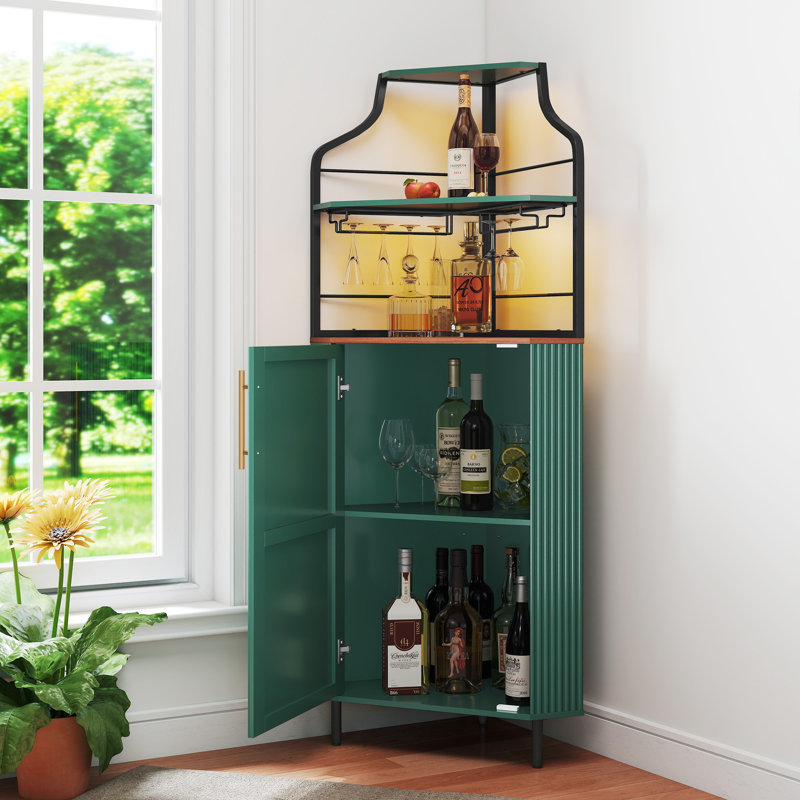 Armoire de bar de coin 59,05 po avec porte-bouteilles et lumières, Vert