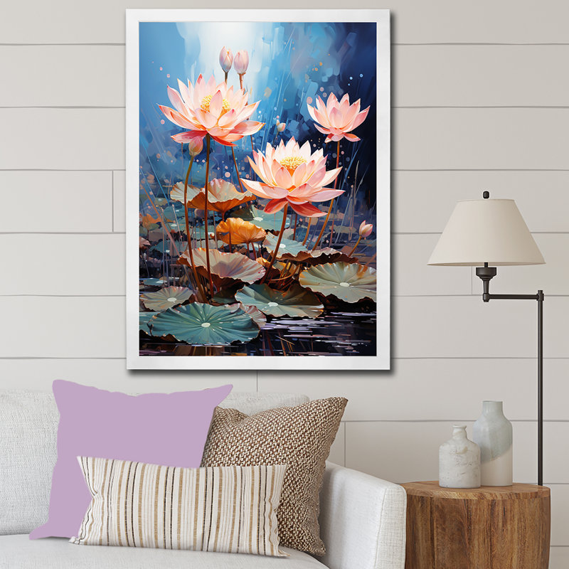 Fleurs de lotus étang harmonie sur toile, H 32 po x l 24 po x P 1 po, Cadre simple blanc