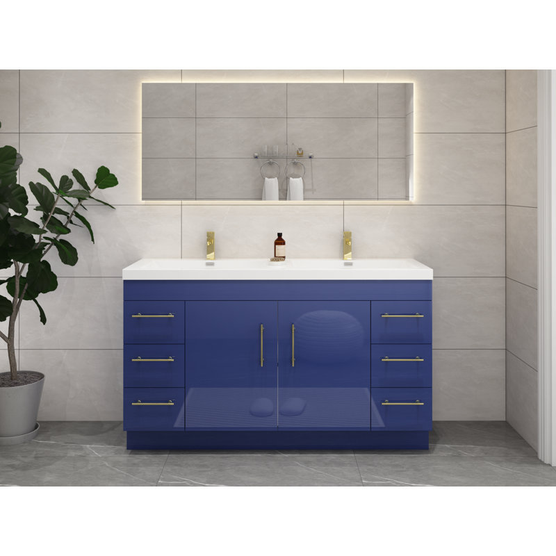 Ensemble de meuble-lavabo double 60 po Carliss, Bleu nuit brillant, Argent