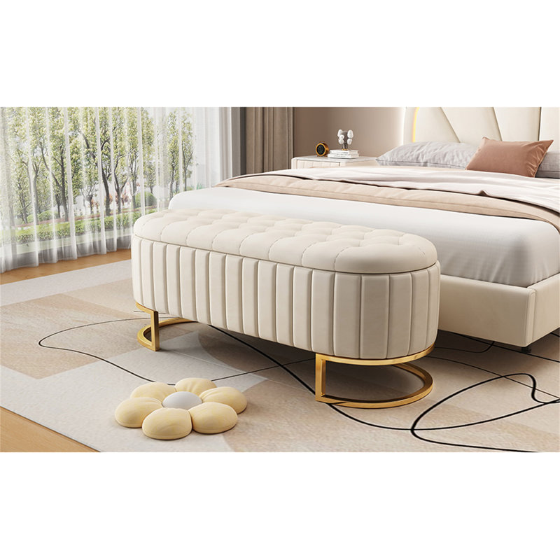 Upholstered Velvet Storage Ottoman With Button-Tufted,Storage Bench With Metal Legs, Beige