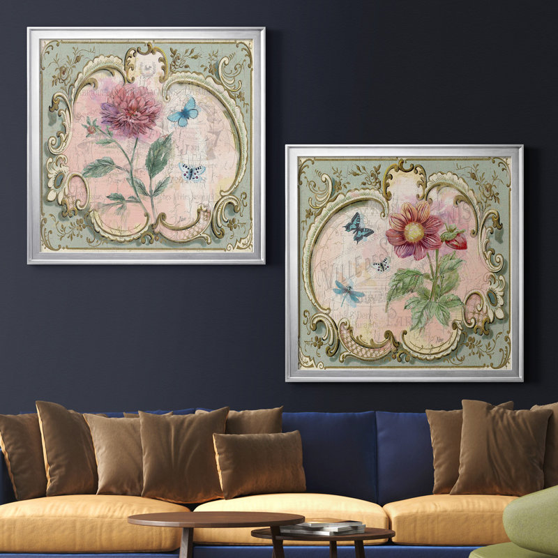 «Classical Flower I», ensemble de 2 reproductions d'art encadrées, H 17,5 po x l 35 po x P 1,5 po, Toile avec cadre argenté