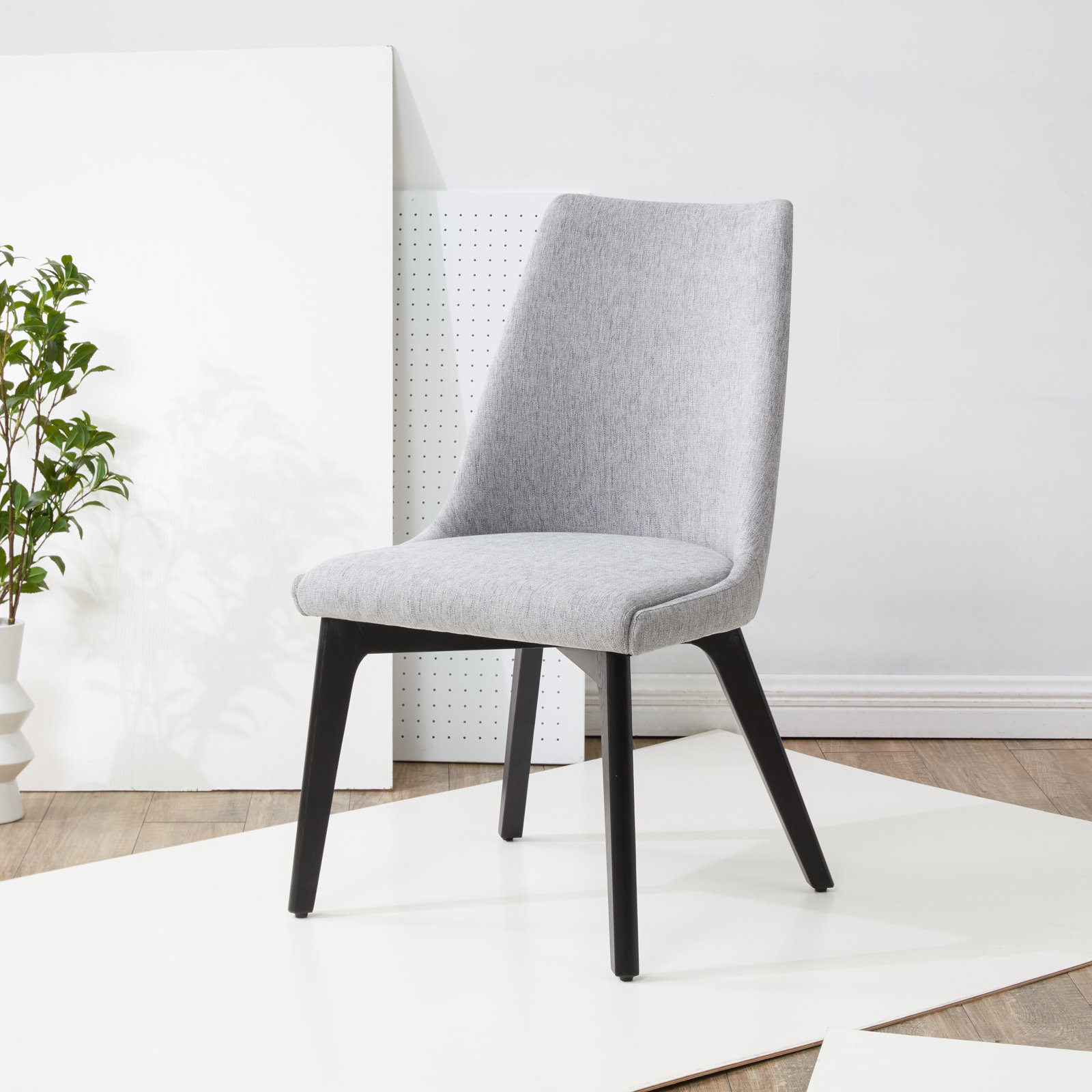 Emestina Linen Dining Chair, Black Frame/Gray Cushion