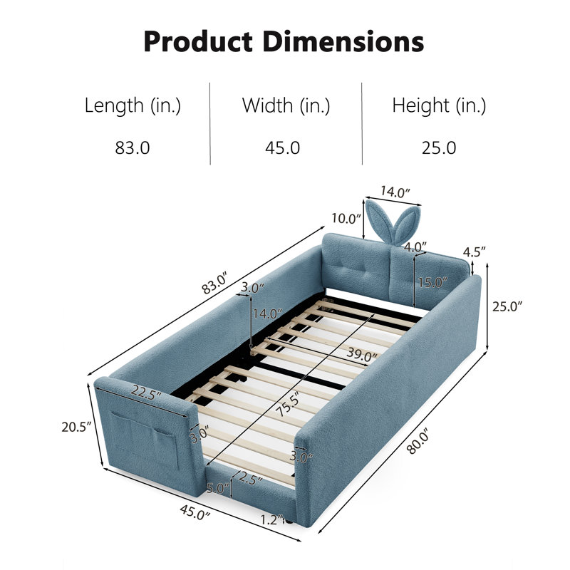 Twin Size Upholstered Platform Bed With Cute Rabbit Ear Shaped Headboard, Safety Rail, And Convenient Storage Pocket, Boucle Fabric – Perfect For Kids' Bedroom