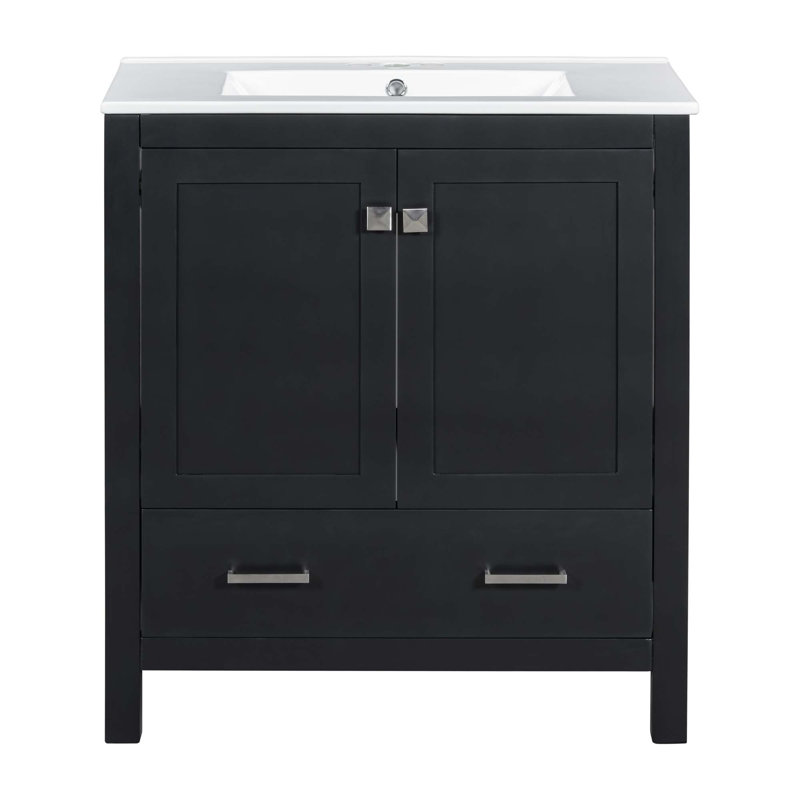 Meuble-lavabo avec lavabo simple, 2 portes à fermeture douce et 1 tiroir, Noir, Nickel brossé