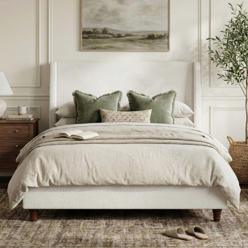 Base de lit tapissier 52,7 po avec pieds rétro et pieds en bois massif, White