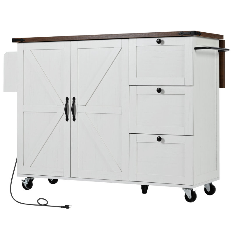 Îlot de cuisine de 54,5 po avec prise de courant, îlot de rangement avec support de rangement interne, abattant, support à épices, chariot de cuisine sur roulettes, pour la maison, la cuisine et la salle à manger, blanc
