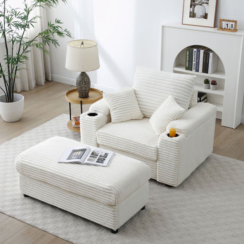 Chaise rembourrée avec repose-pieds Abegale, Velours côtelé beige