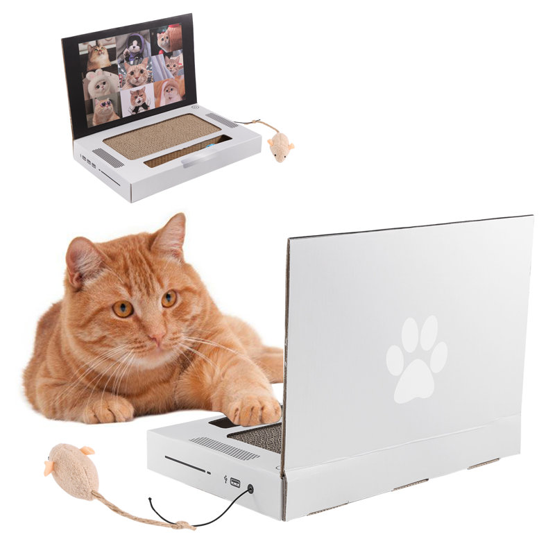 Kopinma laptop scratcher cat toy laptop with fluffy mouse interactive toys cat enrichment toys for indoor cat kitten cardboard cat scratch pads cat interactive toy to relieve boredom
