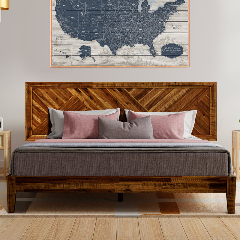Sierra Solid Wood Bed Frame with Adjustable Headboard / Handcrafted Pattern Platform Bed, King, Walnut