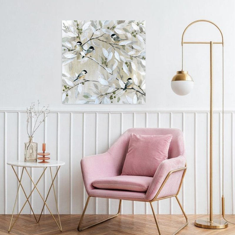 Printemps, mésanges, arbre délicat contemporain, arbre naturel, art mural, H 32 po x l 32 po