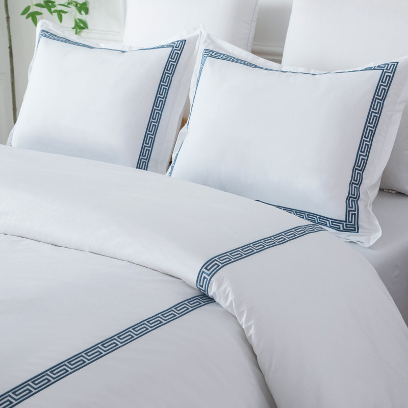 Ensemble de housse de couette en coton brodé Greek Key, 3 pièces, Très grand lit, Bleu pierre