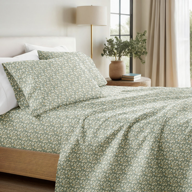 Ensemble de draps en microfibre à motif floral 4 pièces, Simple, Floral Dream Eucalyptus