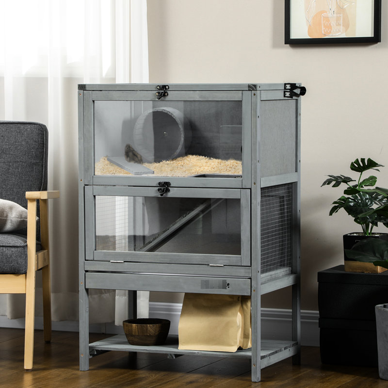 Cage à hamster en bois gris avec tablette de rangement et aire de jeux, 35,5 po de hauteur, pour 2 grands animaux de compagnie