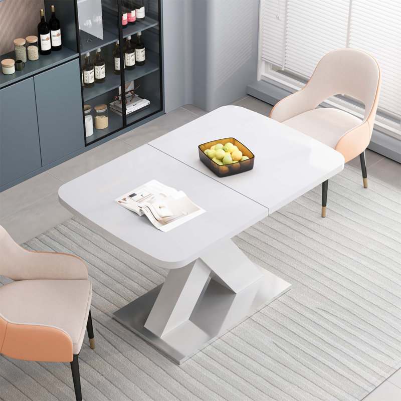 Table de salle à manger moderne carrée, extensible, plateau de table blanc + pied de table en MDF en X avec base en métal