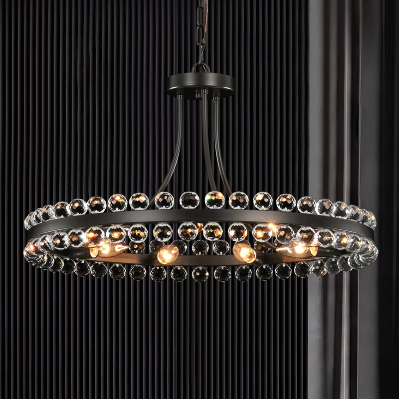 Lustre rond à anneaux en cristal à 9 lumières Jackeline, Noir mat