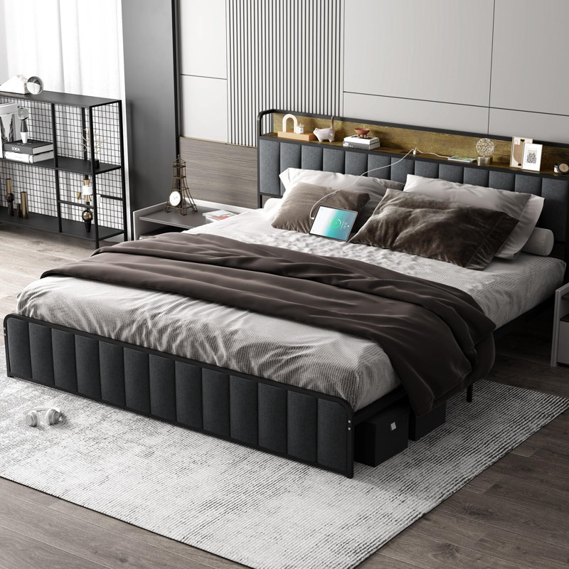 Wasat Upholstered Metal Slat Bed, Full, Black