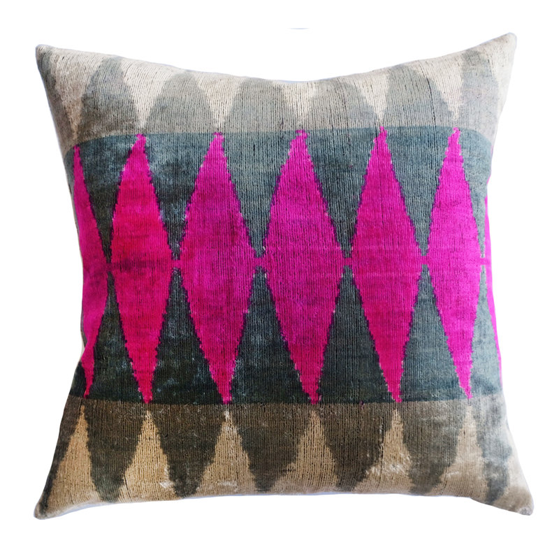 Kara Silk Square Pillow Cover & Insert, 24" x 24", Green/Pink Geometric