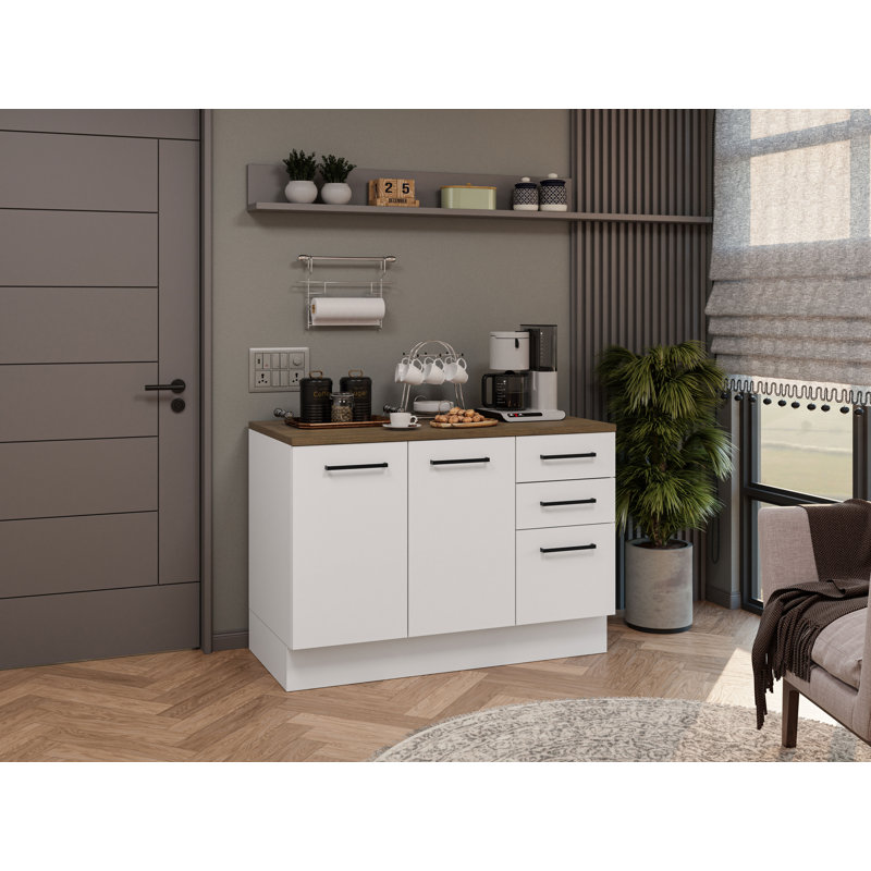 Latitude Run® Coffee Bar Cabinet with 2 Doors & 3 Drawers – Pantry Storage for Coffee Makers, Supplies & Snacks - White
