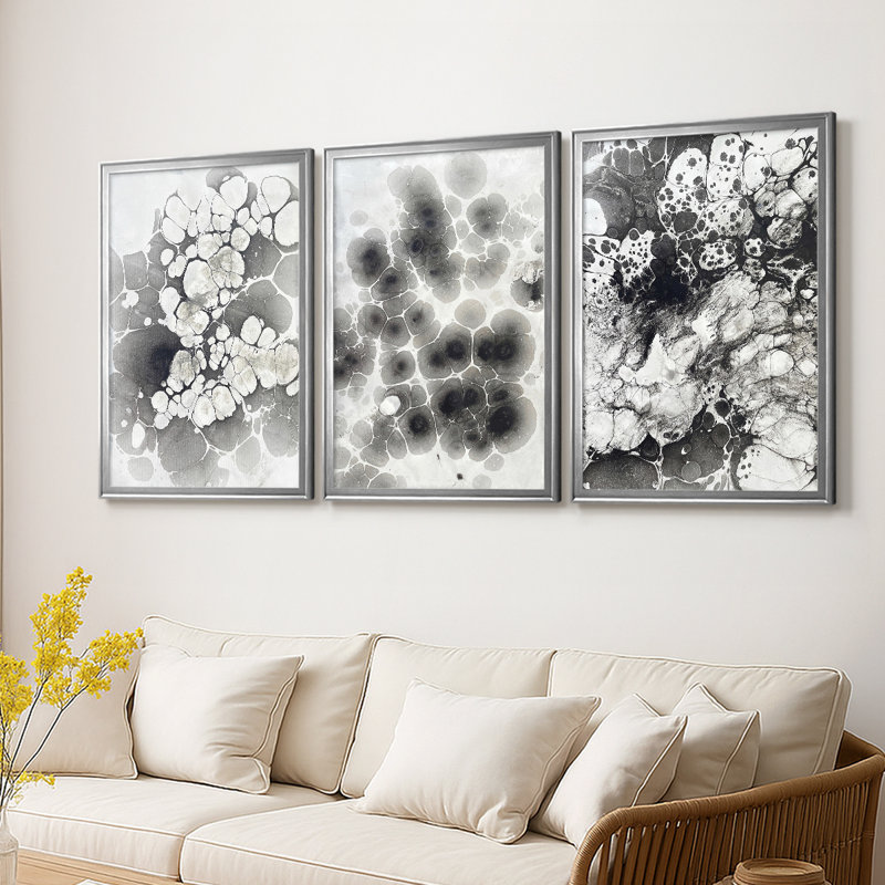 Marble VII - Toile tendue avec châssis sur mesure - 3 pièces, H 15 po x l 19 po, Argent argent