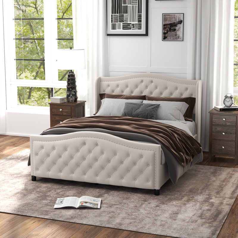 Lit de rangement capitonné avec tiroirs Kassaia , Grand, Beige