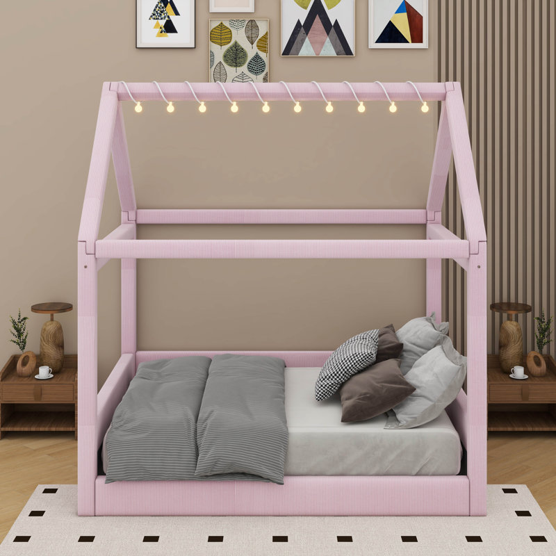 Lit plateforme tapissier pleine grandeur avec bandes lumineuses à DEL, structure de lit de jour en bois, Rose