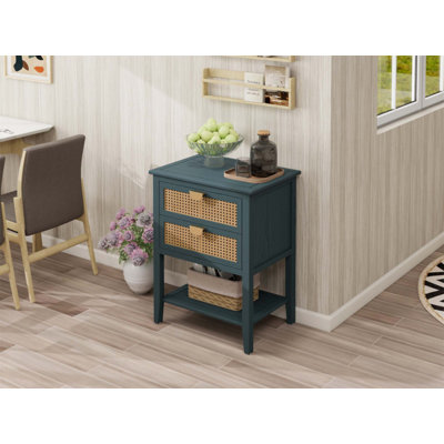 2 Drawer Rattan Side Table with Natural Aesthetic and Durable Design, Perfect for Bedroom, Living Room, and Study