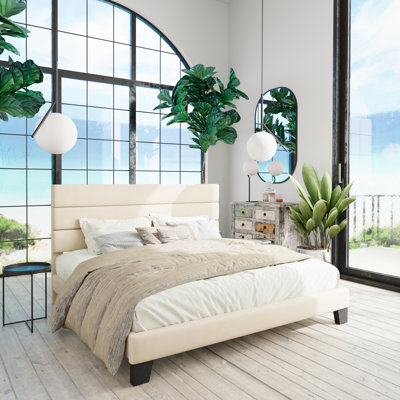 Elison Platform Bed with Fabric Upholstered Headboard and Wooden Slats