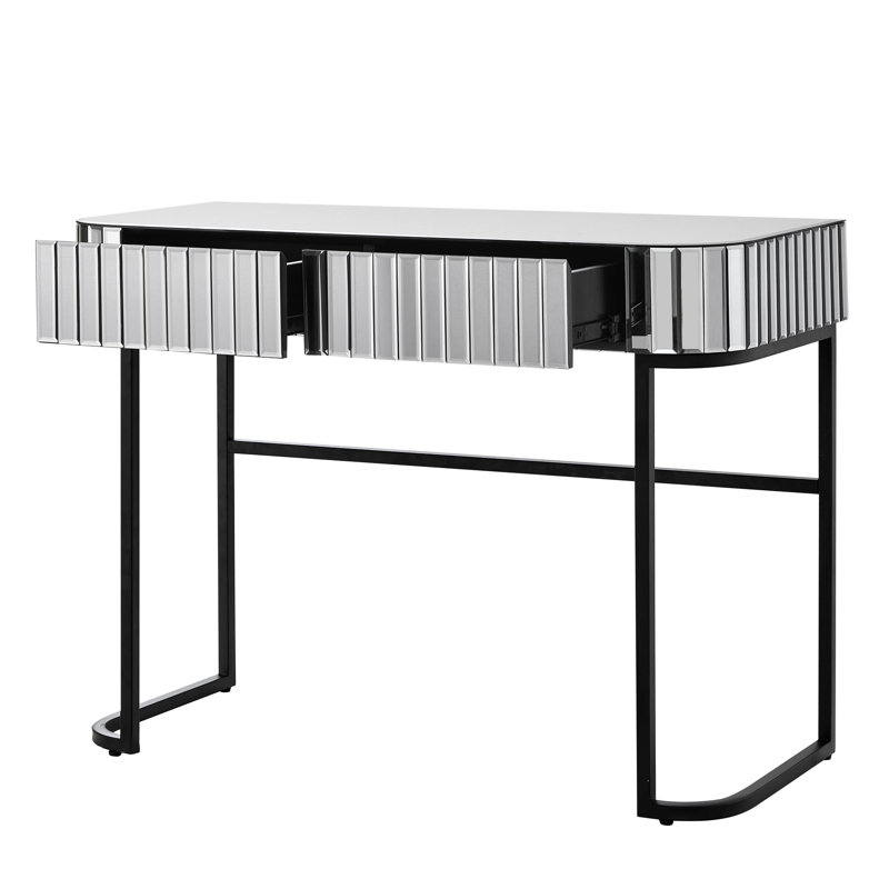 Meuble-lavabo à miroir 39 po avec base en acier inoxydable et 2 tiroirs gris, idéal pour la chambre à coucher et le bureau.